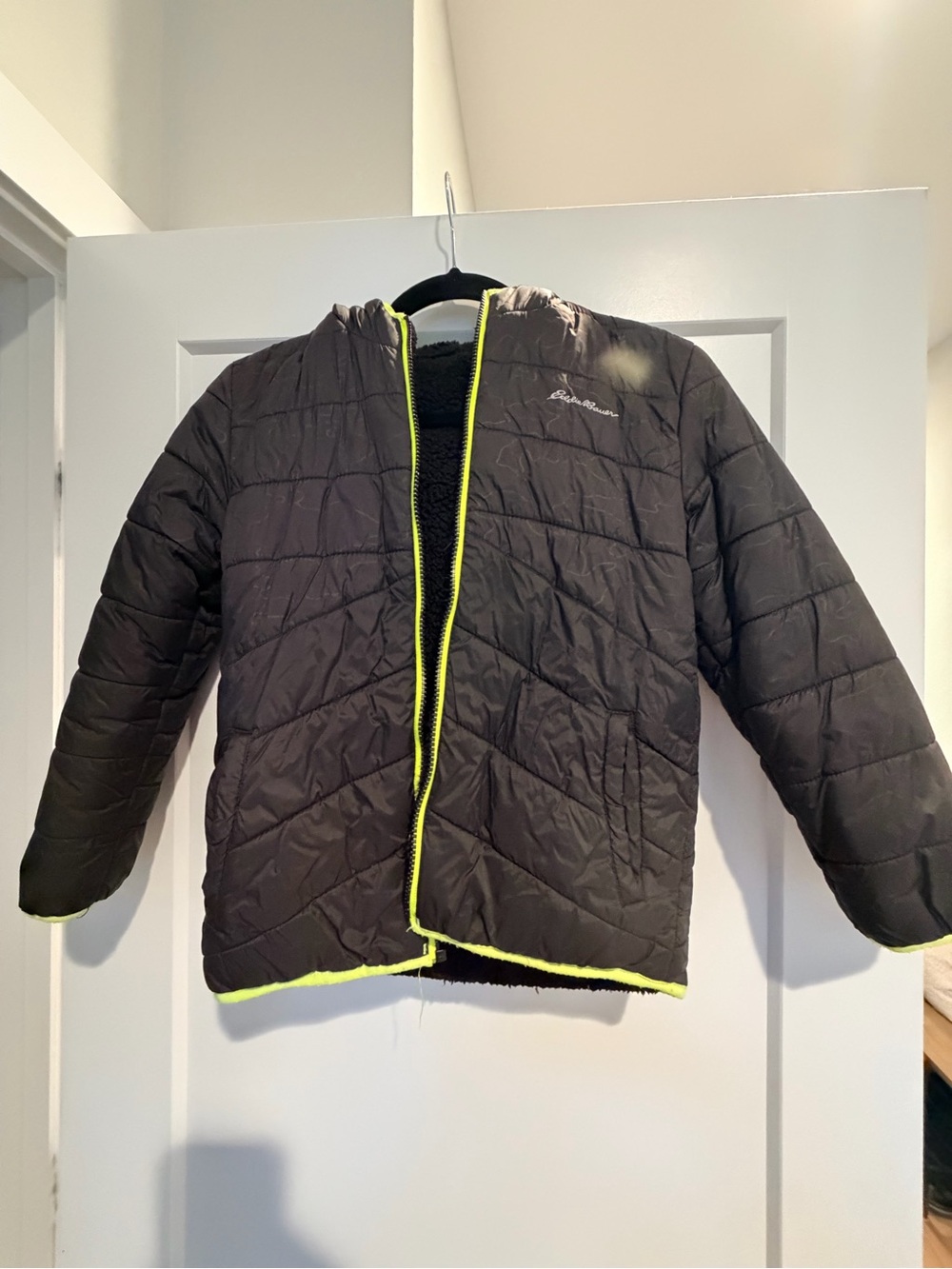Kids Black Puffer Reversible Jacket with Lime Trim - Eddie Bauer